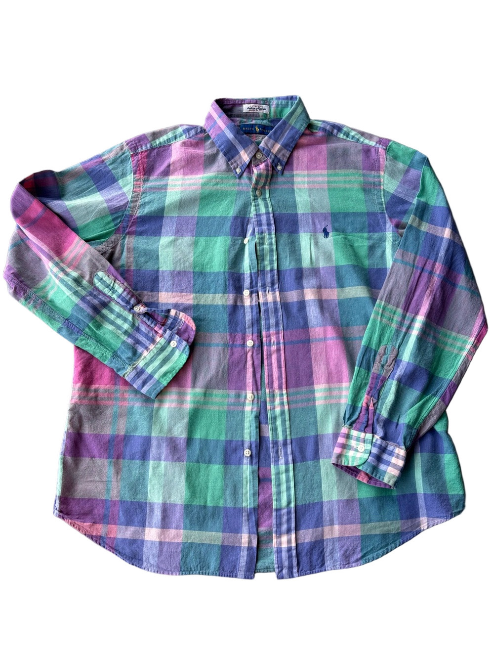 Ralph Lauren Indian Madras Men’s Plaid Shirt L Blue Green Purple Pink